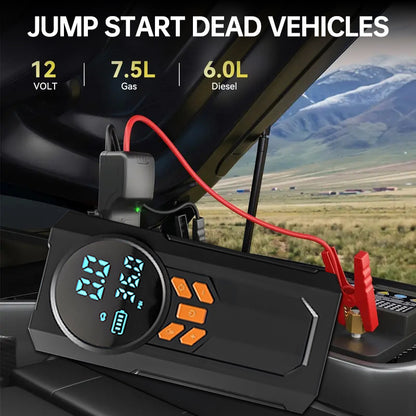 Portable Car Jump Starter & Tire Inflator – 5-in-1 Multi-Function with LED Display