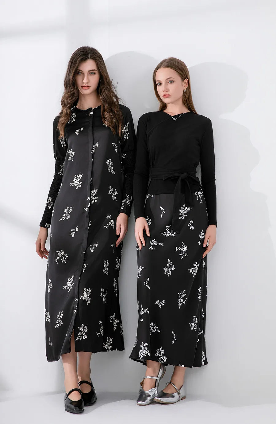 Elegant Two-Piece Ensemble: Ribbed Wrap Top & Satin Dress