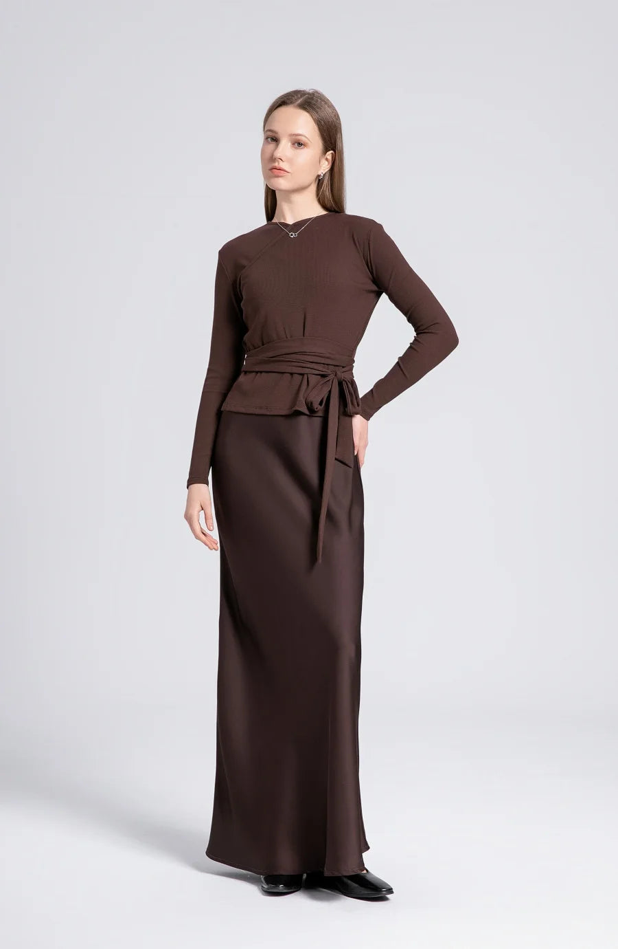 Elegant Two-Piece Ensemble: Ribbed Wrap Top & Satin Dress