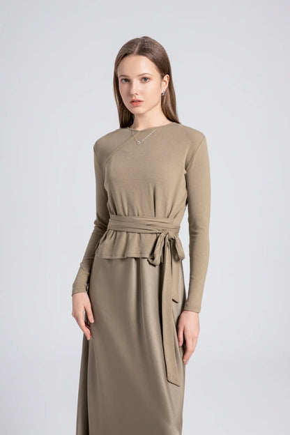 Elegant Two-Piece Ensemble: Ribbed Wrap Top & Satin Dress
