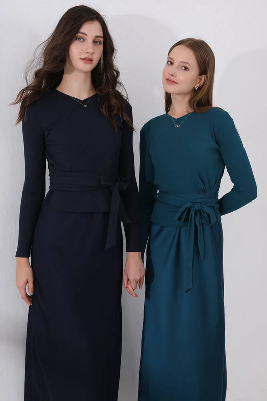 Elegant Two-Piece Ensemble: Ribbed Wrap Top & Satin Dress