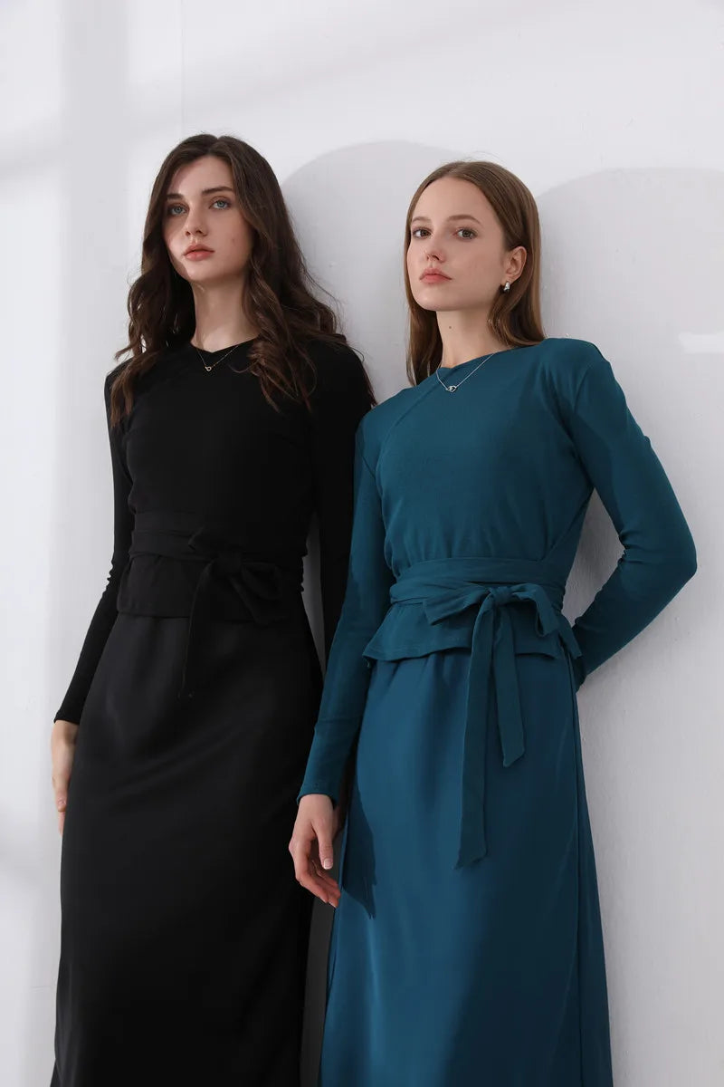 Elegant Two-Piece Ensemble: Ribbed Wrap Top & Satin Dress