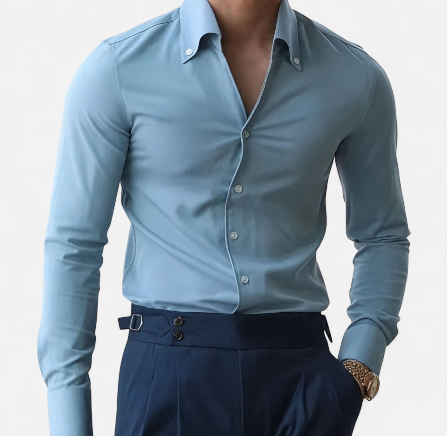 Elegant Baby Blue & White Set - High-Waisted Shirt & Trousers