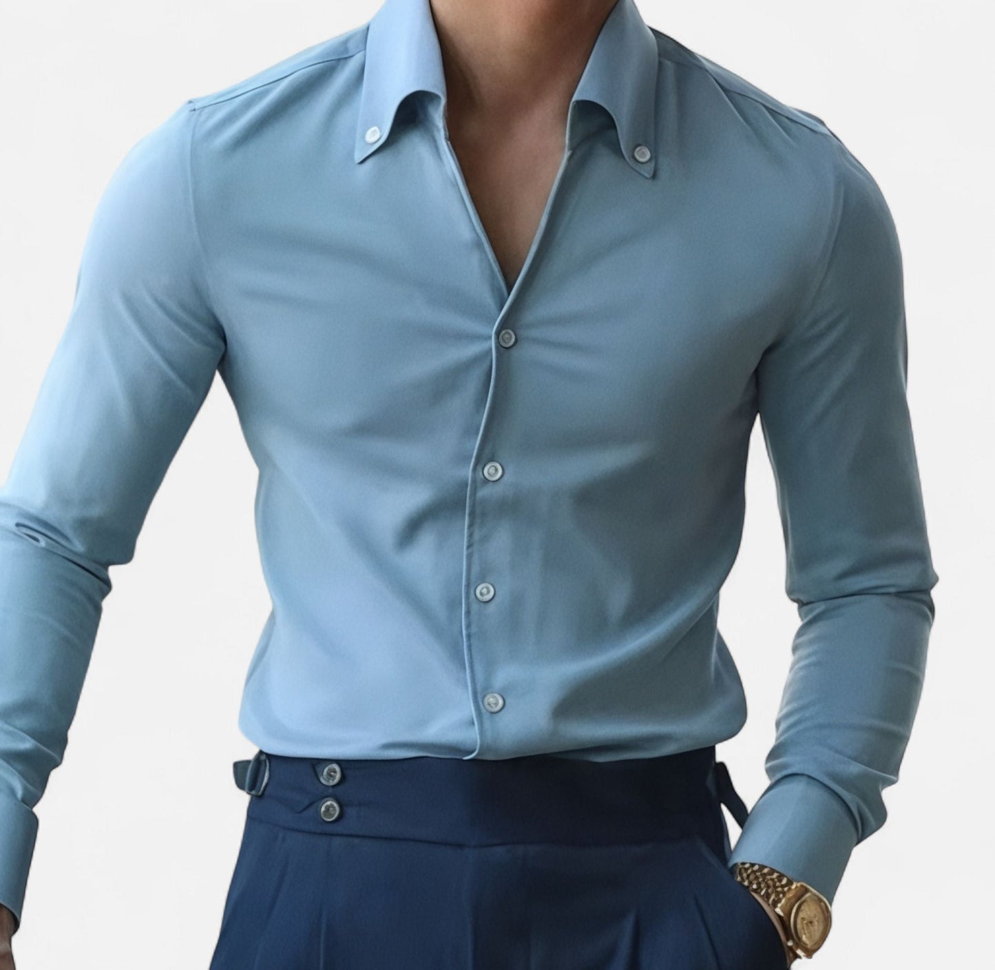 Elegant Baby Blue & White Set - High-Waisted Shirt & Trousers