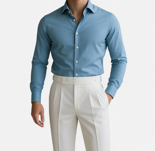 Elegant Baby Blue & White Set - High-Waisted Shirt & Trousers