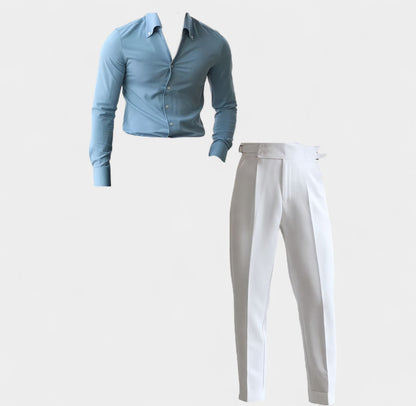 Elegant Baby Blue & White Set - High-Waisted Shirt & Trousers