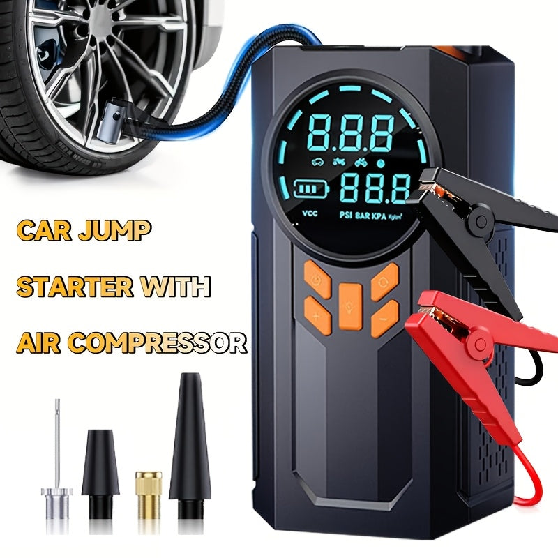 Portable Car Jump Starter & Tire Inflator – 5-in-1 Multi-Function with LED Display