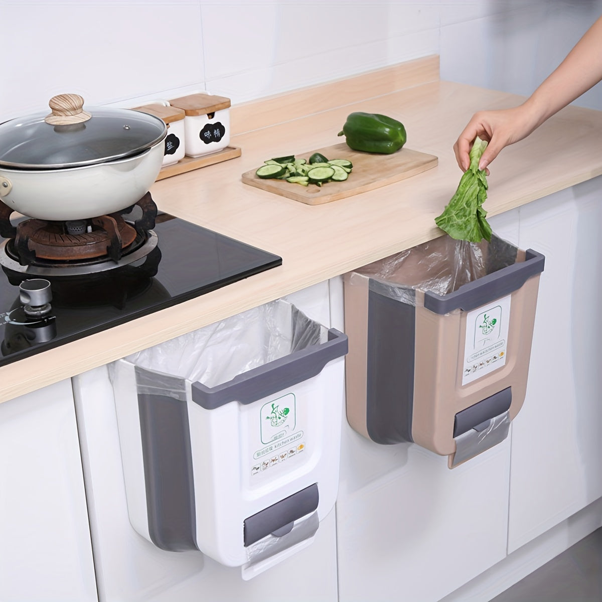 Foldable Wall-Mounted Trash Can for Cabinet Doors